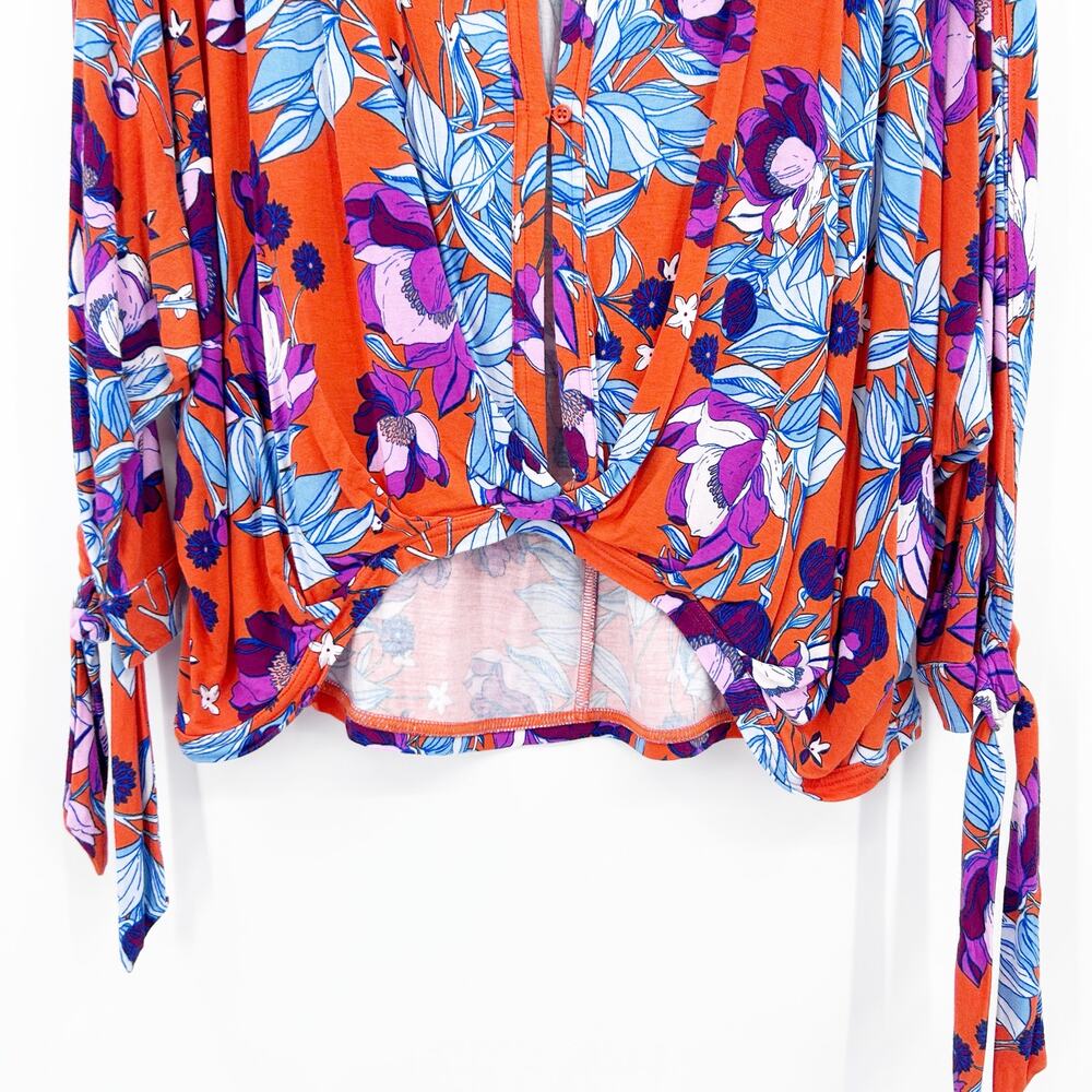 Free People Keepin’ On Orange Floral Tie Sleeves Top 3/4 Sleeves Womens Sz S - Picture 5 of 12